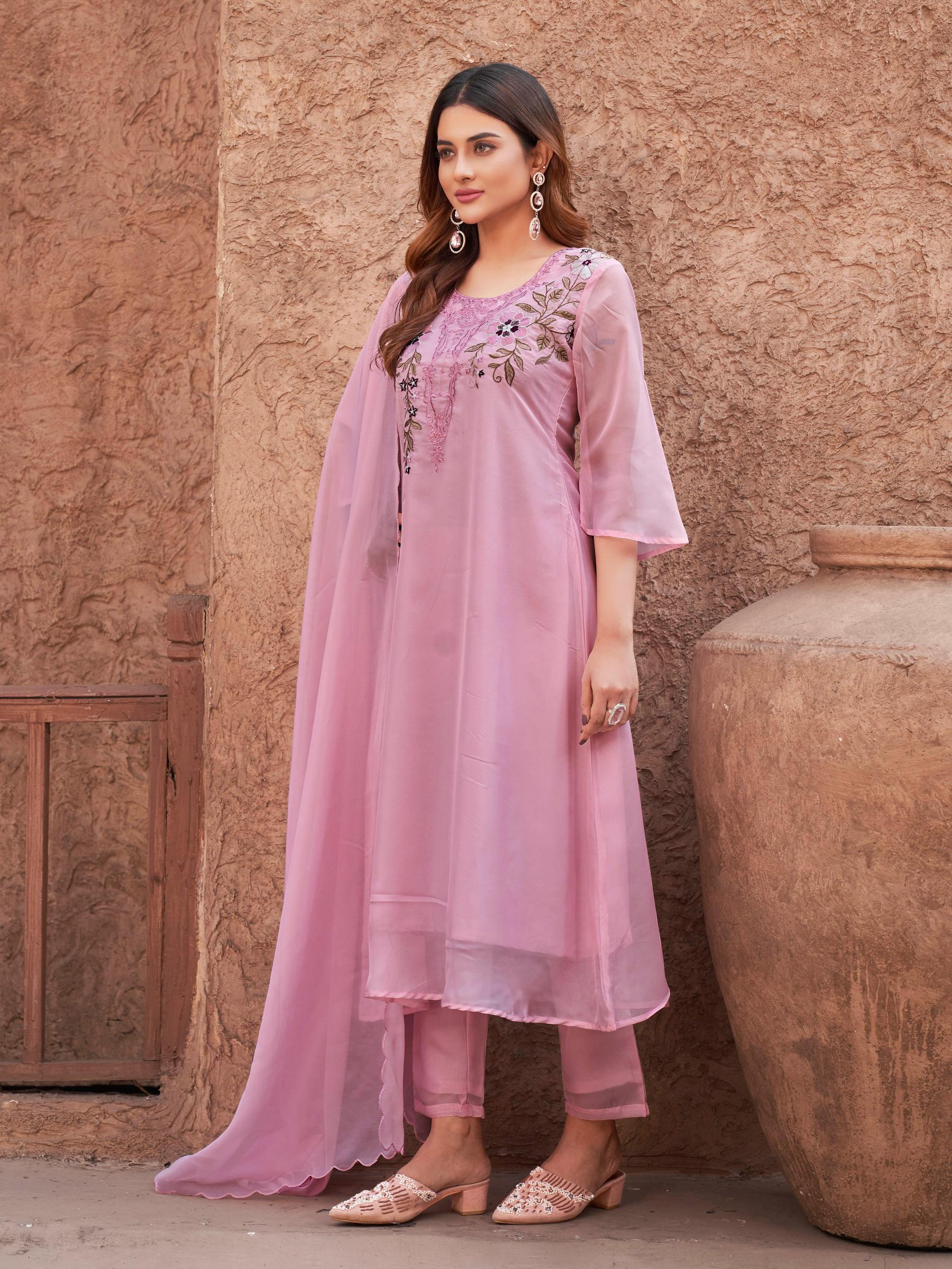 Baby Pink Organza With Contrast Embroidered A-Line Kurta Set